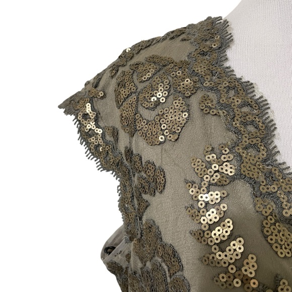 Tadashi Shoji Bronze Sequin Lace Evening Gown 16 Taupe Cap Sleeve Formal Dress - Picture 5 of 9